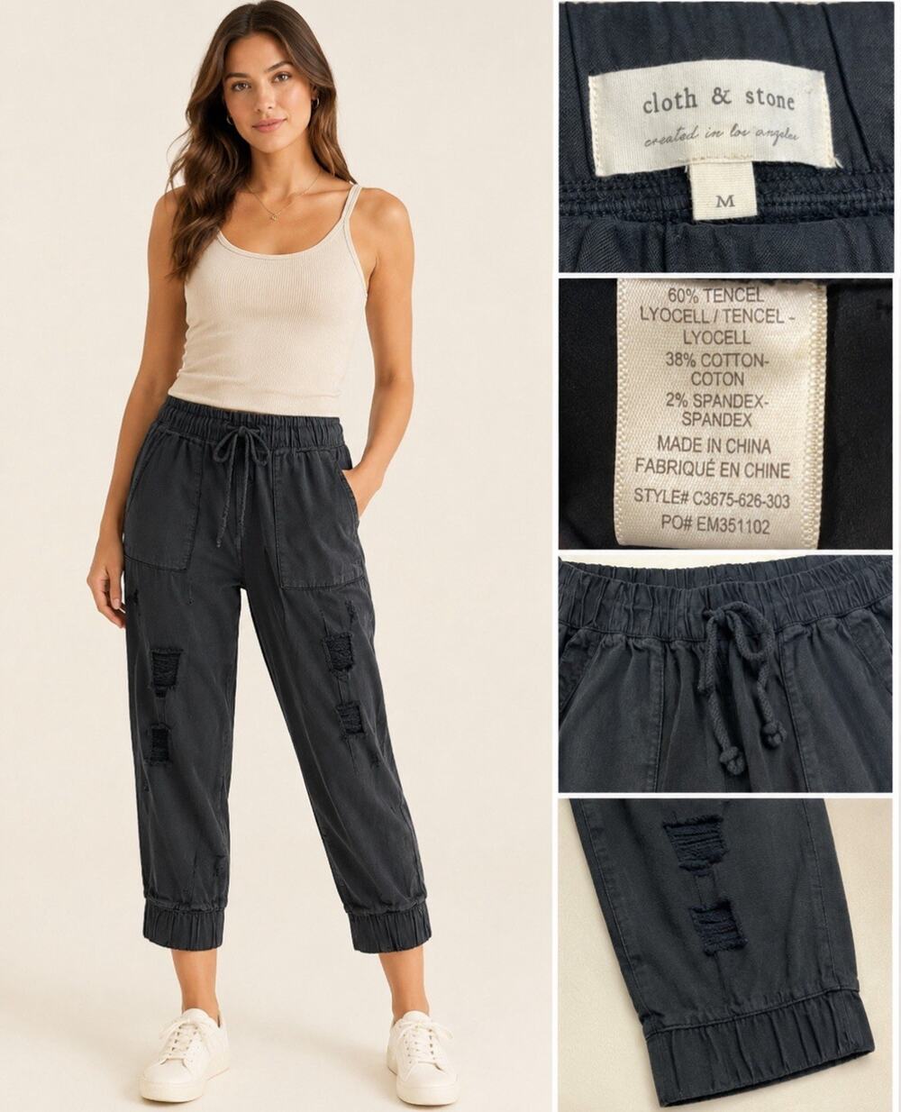 Grunge Cloth & Stone Women's Distressed Jogger Pants Size M Black Distressed